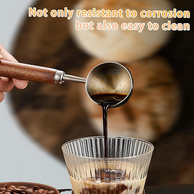 1pcs Coffee Scoop for Ground Coffee, Beans and Tea，Vintage Coffee Measuring Spoon with Long Wooden Handle 30ml/10g Capacity 304 Stainless Steel（Silver)
