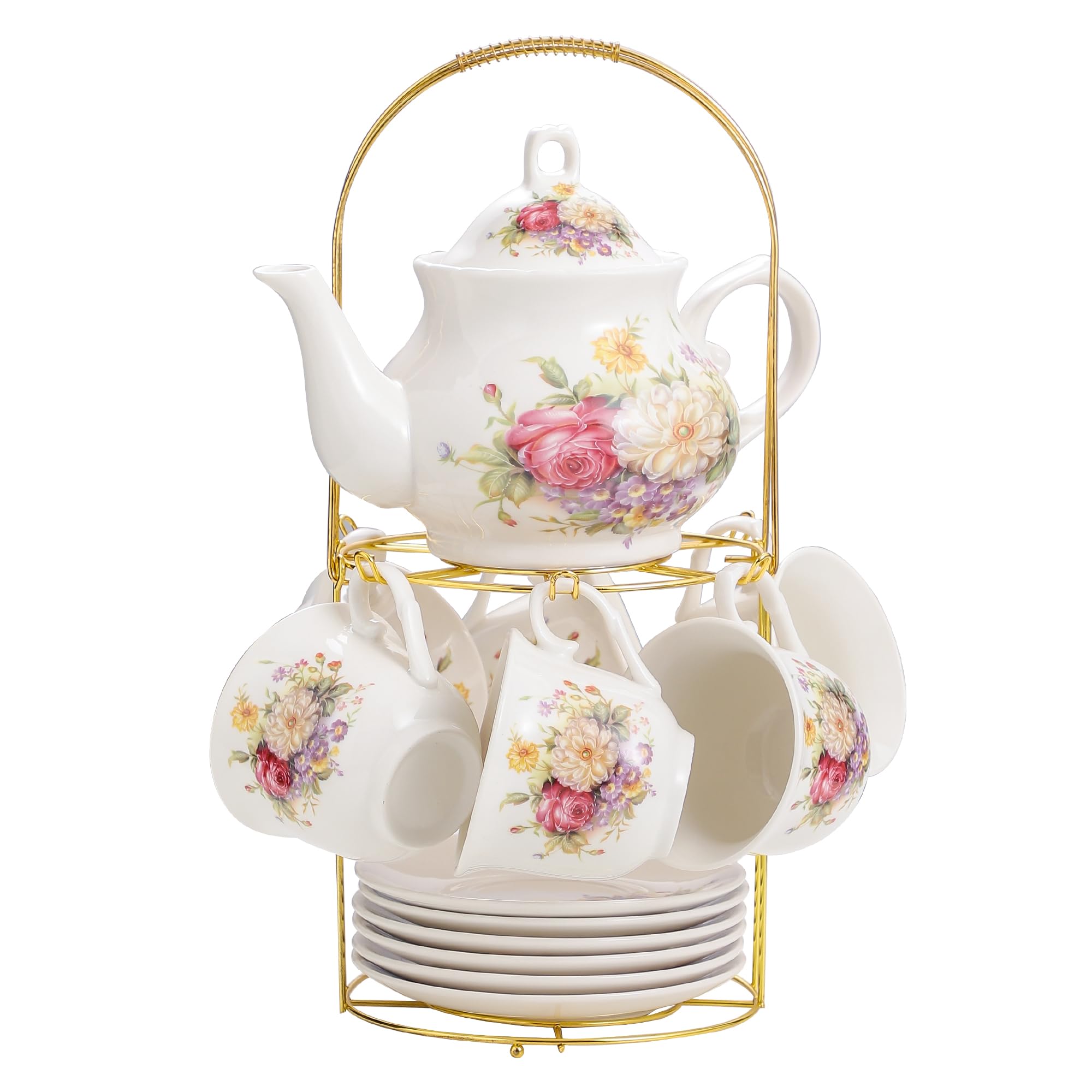 20-Pieces Porcelain Tea Sets For Women, Tea Set For Adult with Golden Metal Rack,Tea Gift Sets for Home&Party(012)