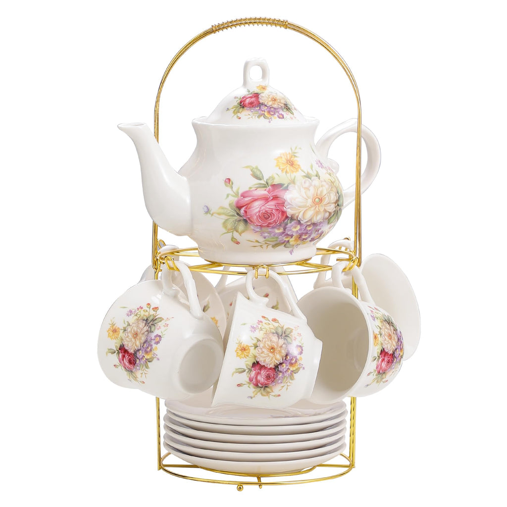 20-Pieces Porcelain Tea Sets For Women, Tea Set For Adult with Golden Metal Rack,Tea Gift Sets for Home&Party(012)