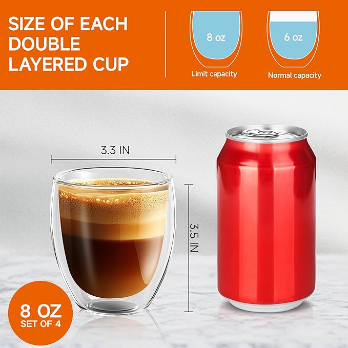 8 Ounces Set of 4 Double Walled Glass Coffee Mugs Insulated Layer Coffee Cups Borosilicate Glass Espresso Double Insulated Clear Glass Coffee Mug for Hot Beverages