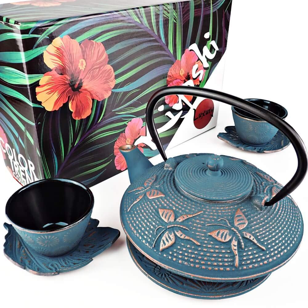 Cast Iron Tea Set with Teapot, 2 Tea Cups, 2 Saucers, Stainless Steel Tea Infuser & Matching Trivet, Enamel Coated Teapot for Loose Leaf Tea, Blue Butterfly