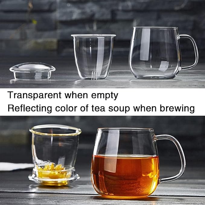Glass Teacups 2 Pack Glass Tea Cup with Infuser and Lid, 17.6oz/520ml Large Borosilicate Teacup,Tea Clear Mug Cup for Loose Leaf Blooming Tea, Microwave & Dishwasher Safe