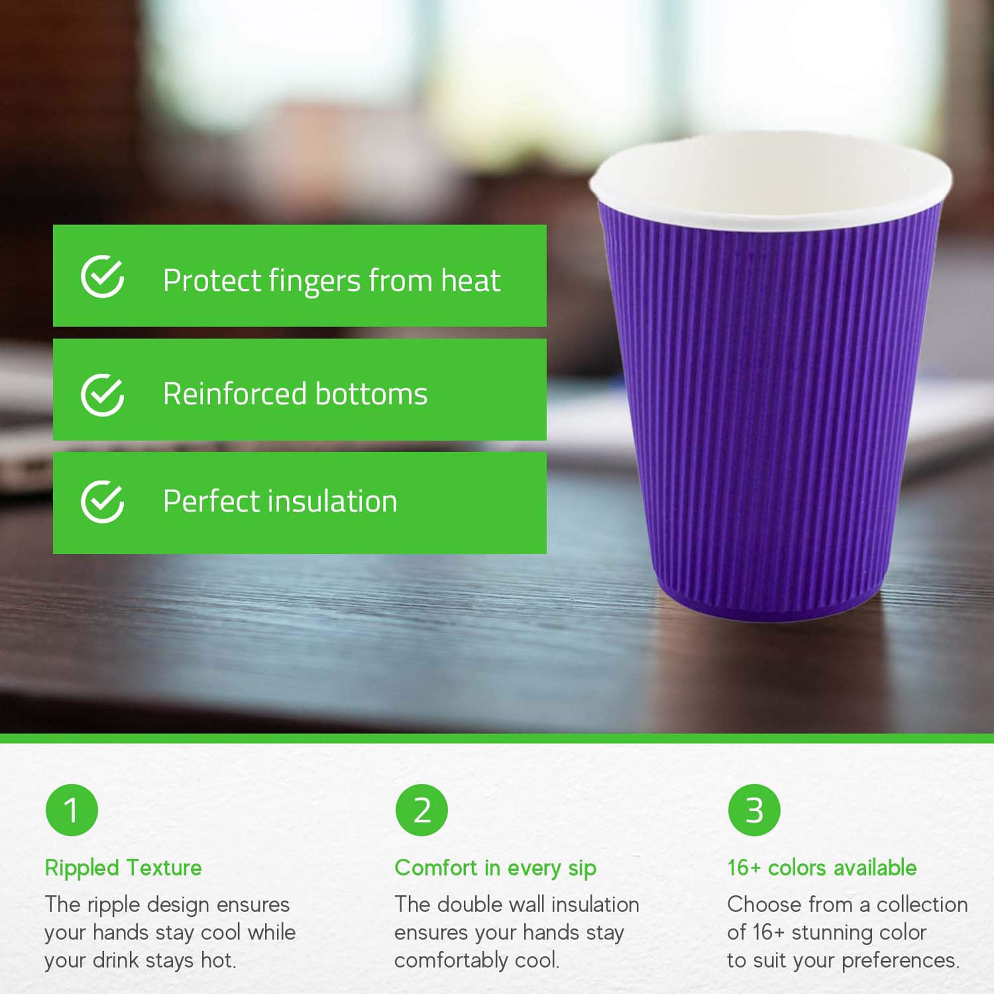 Restaurantware-12 Ounce Disposable Coffee Cups, 500 Ripple Wall Hot Cups For Coffee - Lids Sold Separately, Rolled Rim, Royal Purple Paper Insulated Coffee Cups, For Hot Coffee, Tea, And More