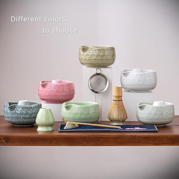 Matcha Whisk Set, Ceramic Matcha Set Includes Matcha Bowl, Matcha Whisk and Holder, Bamboo Scoop, Scoop Rest, Sifter and Tea Towel - 7 Pcs Matcha Kit for Matcha Lovers (Green)