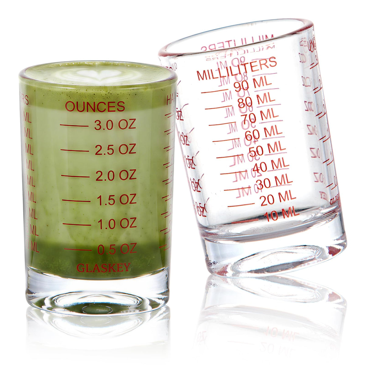 GLASKEY 2 Pack Shot Glass Measuring Cup Set,3 oz/90ml Liquid Heavy High Espresso Glass Cup,Dishwasher Safe,Measurement of Dry and Liquid Ingredients(Red)