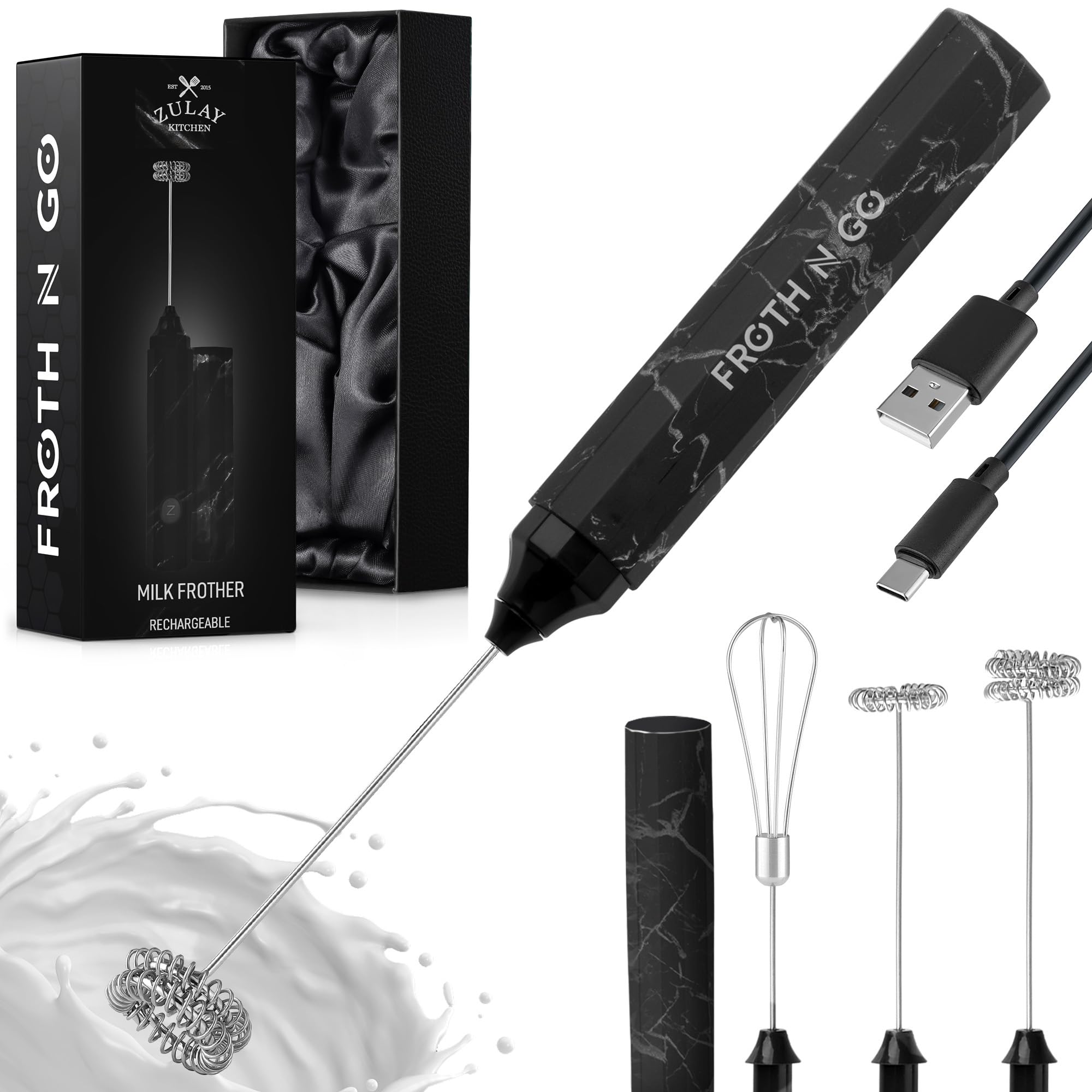 Zulay Froth N Go Milk Frother – Rechargeable 3-in-1 Handheld Frother Wand with Travel Case & USB-C Charger – Single, Double & Egg Whisk for Latte, Cappuccino, Matcha, Protein Shakes - Forge Marble