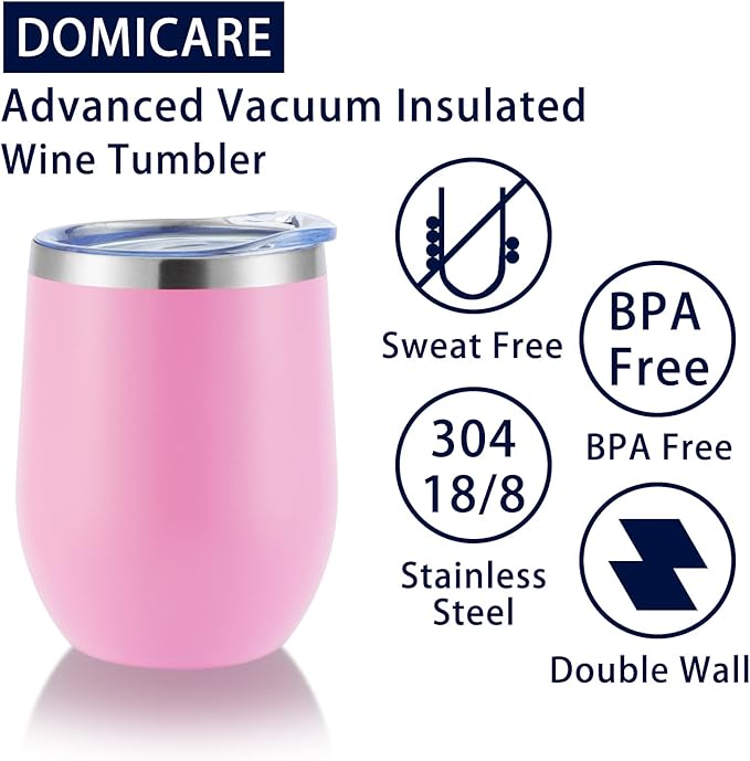 DOMICARE Stainless Steel Wine Tumbler Bulk with Lid, Personalized Insulated Tumblers Set, 12oz Travel Coffee Cups Pack of 12, Pink
