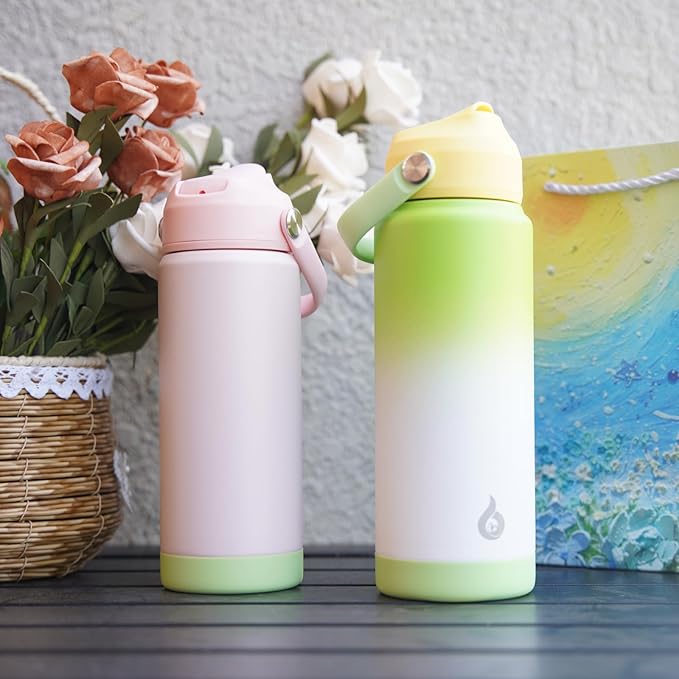 BJPKPK Water Bottle with Straw Lid, 24oz Vacuum Insulated Water Bottles, Metal Stainless Steel Thermos for Sports, Travel, BPA Free Leak Proof Thermos, Cups, Flasks, Tumblers,Pearl Pink