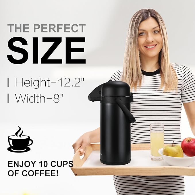 Updated Airpot Coffee Dispenser with Pump, 64 OZ Insulated Thermal Coffee Carafe for Keeping Hot - Cold Water, Party Chocolate Drinks & Stainless Steel Thermos Urn Large Thermal Hot Drink (Black)