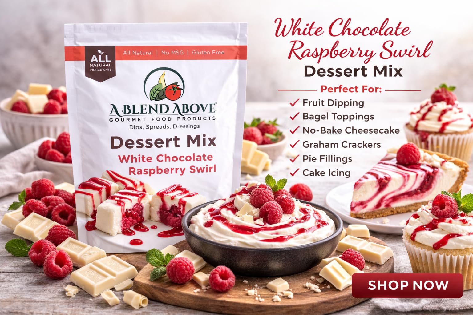 A Blend Above White Chocolate Raspberry Swirl Pie Mix - No-Bake Desserts, All Natural, Gluten Free, No MSG - Instant Dessert Mix, Fruit Dip, Bagel Topping, Frosting, Cheesecake Filling - Makes 16 Oz (Pack of 3)