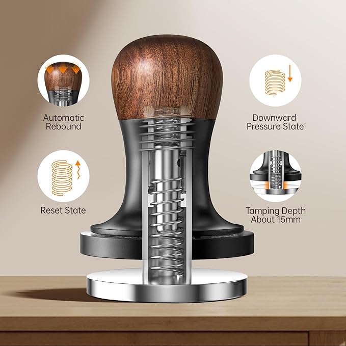 MHW-3BOMBER 58mm Espresso Coffee Tamper with Three Spring Loaded Calibrated Tamper 30lbs Espresso Hand Tamper with Sound Feedback Titanium Coating Black T6176T-OS