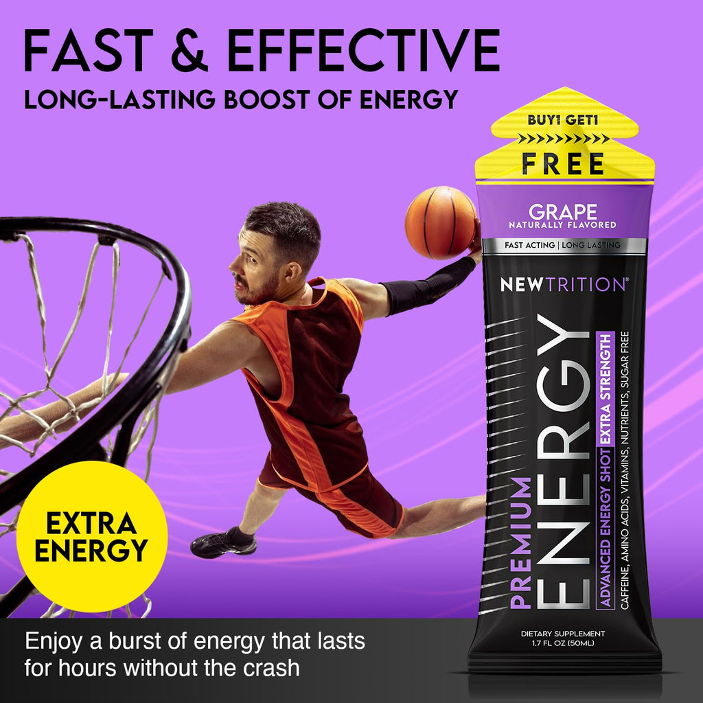 NewTrition® Extra Strength Energy Shots, 1.7 fl oz - 250mg Caffeine with Vitamin B & Amino Acids, Sugar-Free, Zero Calorie Vitamin Energy Drink for Focus & Endurance (Pack of 24, Grape)