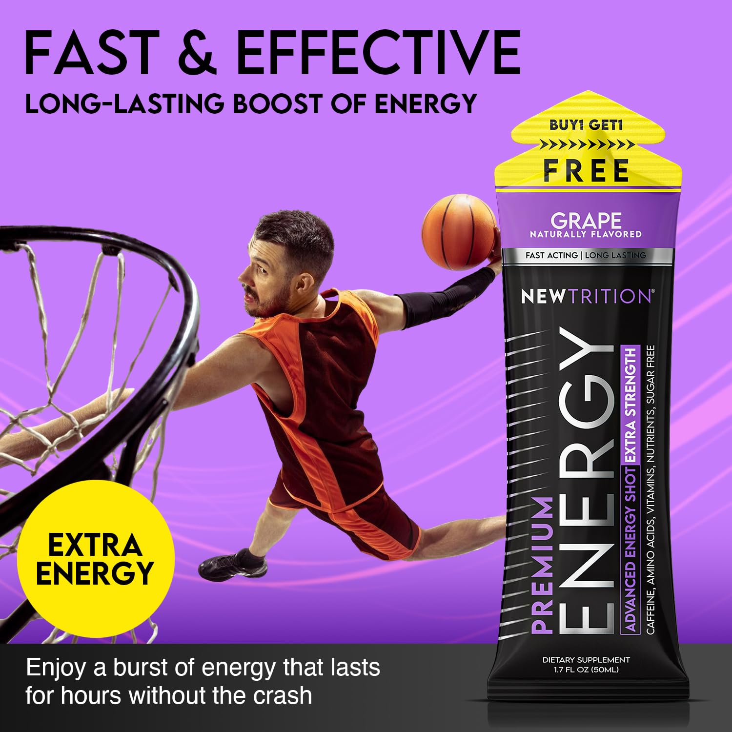 NewTrition® Extra Strength Energy Shots, 1.7 fl oz - 250mg Caffeine with Vitamin B & Amino Acids, Sugar-Free, Zero Calorie Vitamin Energy Drink for Focus & Endurance (Pack of 24, Grape)
