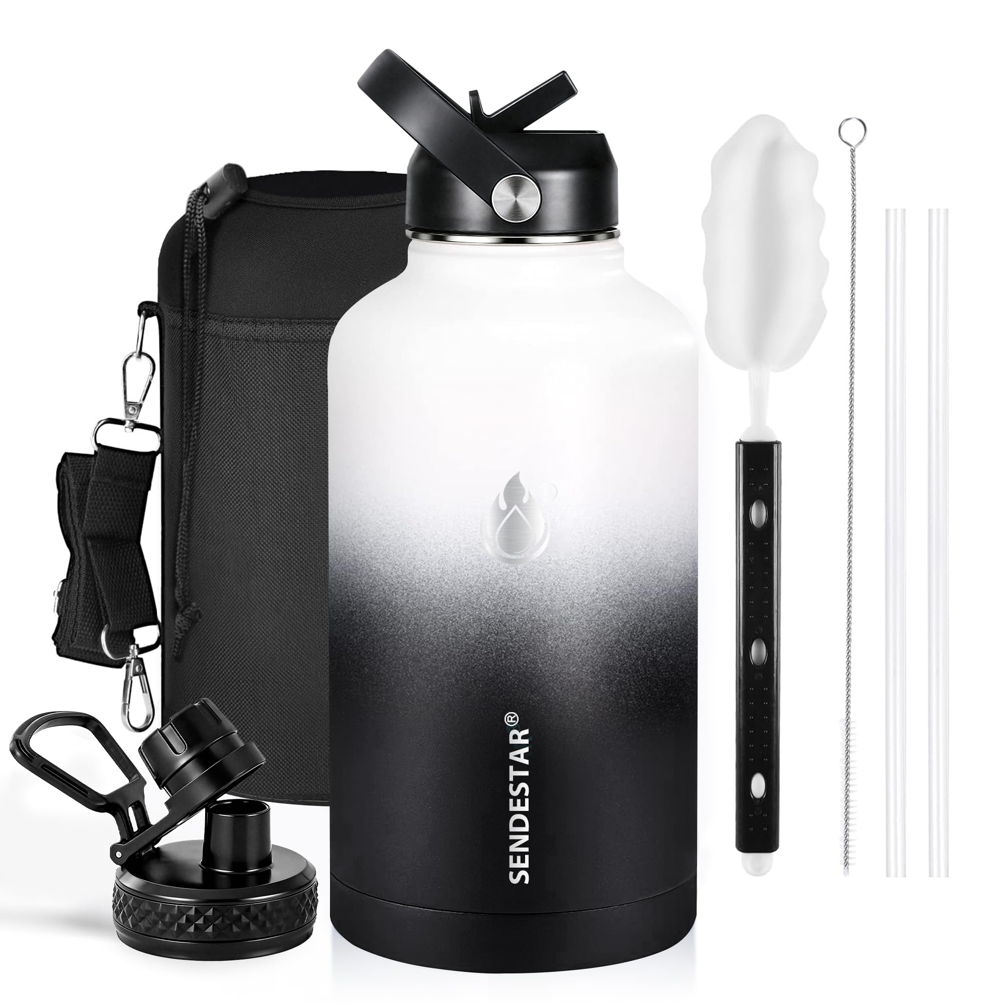 Insulated Water Bottle 64 oz, Triple Wall Vacuum Stainless Steel Water Bottles (Cold for 48 Hrs), Leak Proof & Non-BPA, Half Gallon Water Flask Jug Wide Mouth Straw Lid & Spout Lid