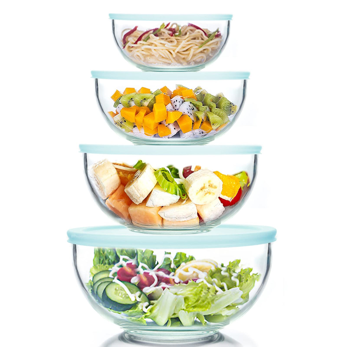 WhiteRhino Glass Mixing Bowl with Lids Set of 4,(1qt,1.5qt,2.5qt,3.7qt) Large Salad Bowl,Space-Saving Stacking Bowl for Kitchen Food Storage,Glass bowl for Cooking,Baking