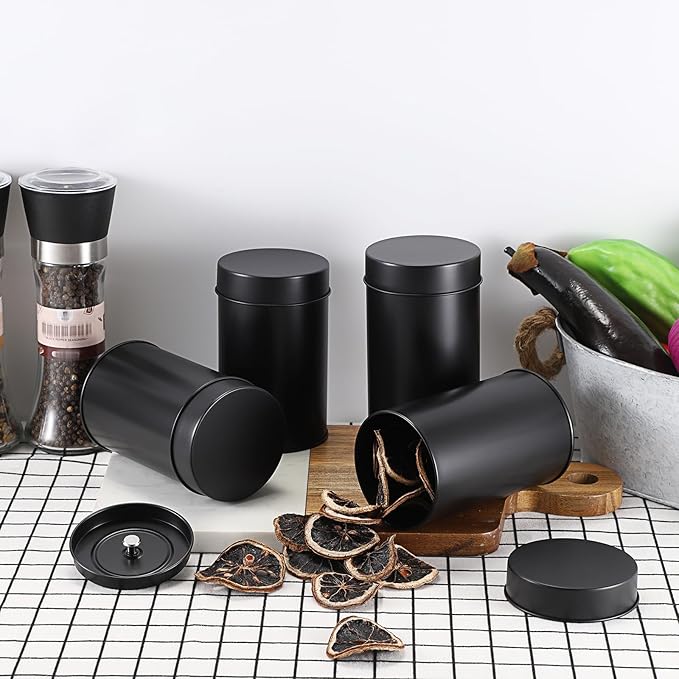 JUXYES 12 Pack Tea Tins Canister with Airtight Double Lids, 16 oz Loose Leaf Tea Storage Airtight Kitchen Canisters Tins Can Box for Storage Loose Tea Coffee Herbs and Spices, Black