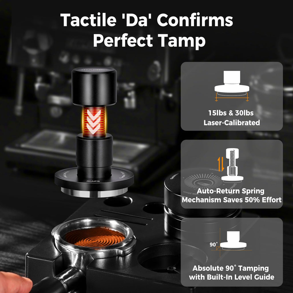 IKAPE 53.3MM V6 Impact Espresso Tamper with Sound Feedback, 15lb/30lb Interchangeable Springs, Espresso High Tamper with Triple-spring System, Fits 54mm portafilters