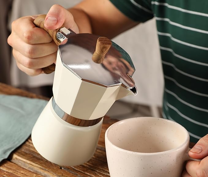 AGOGO Milano Moka pot, Stovetop Espresso maker, Greca Coffee Maker, Stovetop coffee maker and espresso maker percolator With Paper Filter 6 Cup Cream