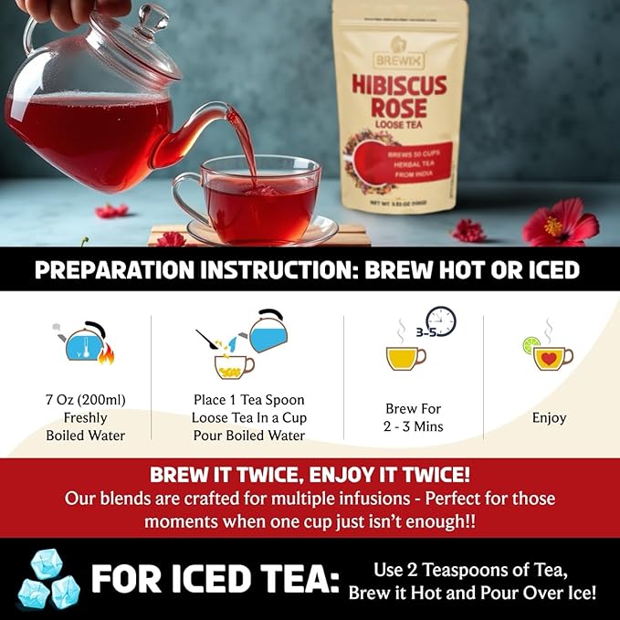 BREWIX, Hibiscus Rose Herbal Loose Tea (50+ Cups) | 100% Natural, Handmade, Pure from Hibiscus Flowers | Hibiscus with Rose Petals, Chamomile and Exotic Spices | Supports Everyday Wellness, Digestion and Cardiovascular System | Rich in Antioxidants & S...