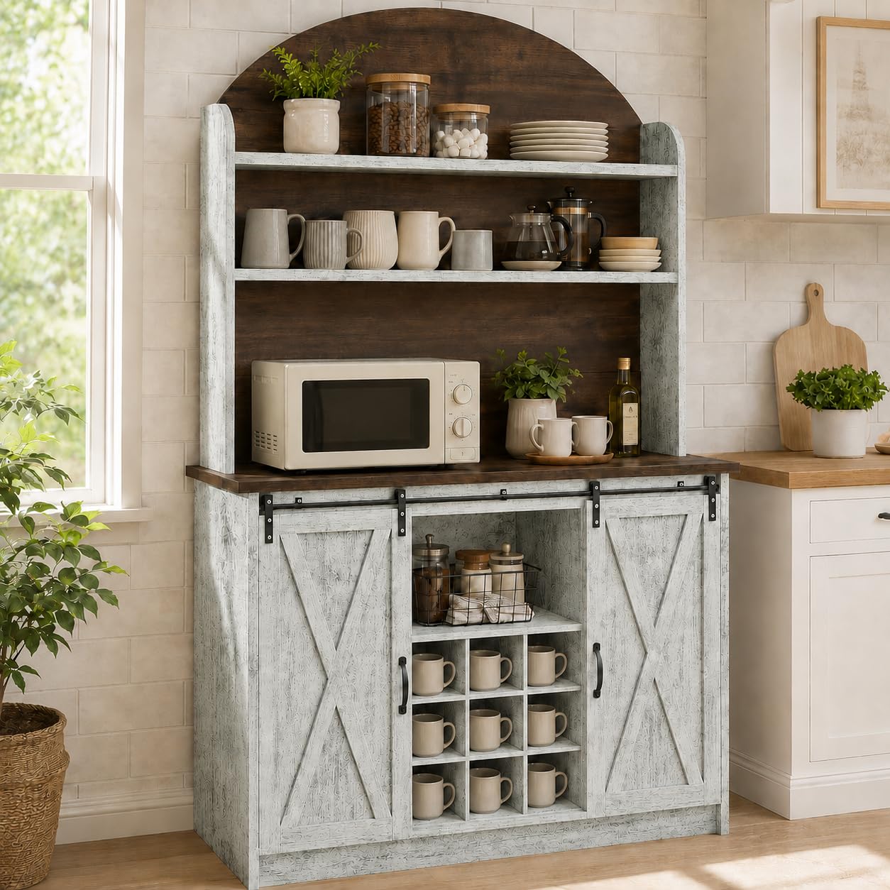 4 EVER WINNER 67-Inch Farmhouse Coffee Bar Cabinet with Storage, Grey