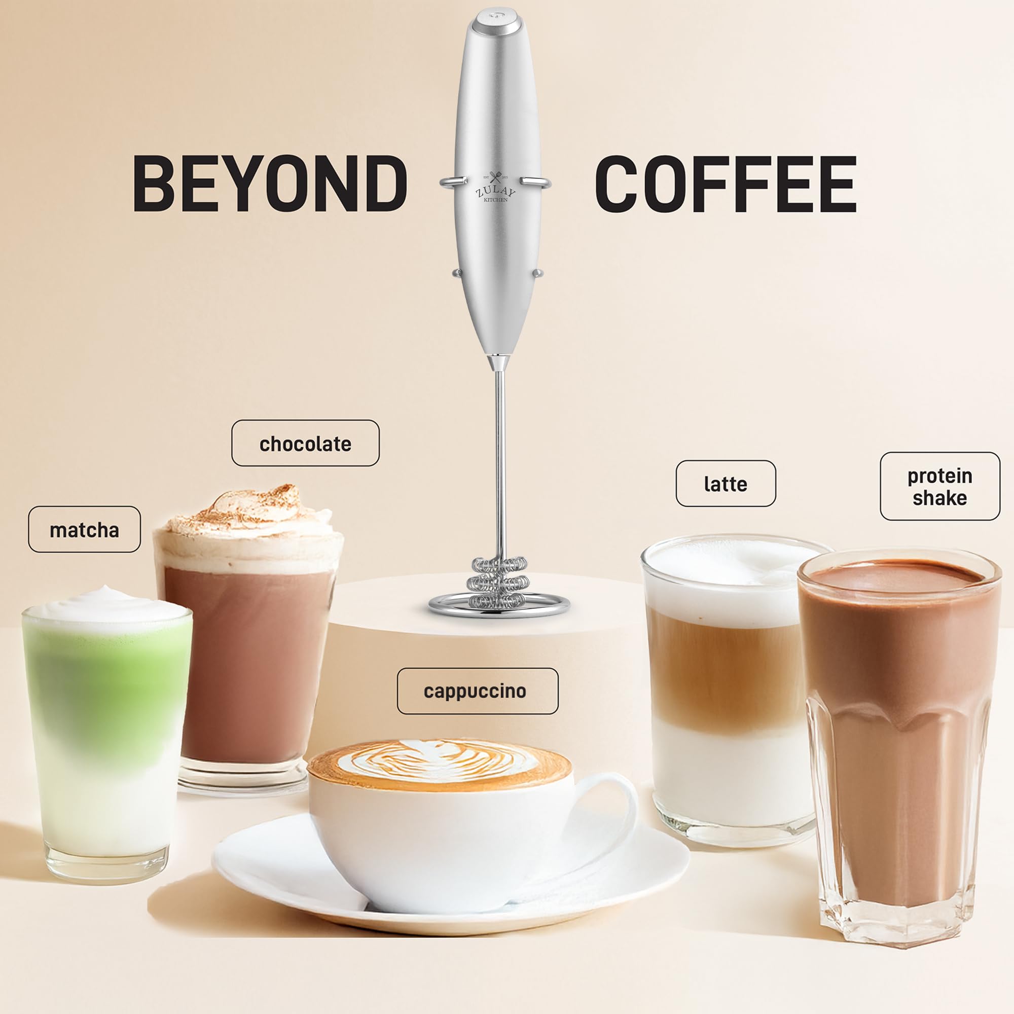 Zulay Kitchen Powerful Milk Frother Wand With Duracell Batteries - Ultra Fast Handheld Drink Mixer - Electric Whisk Foam Maker for Coffee, Lattes, Cappuccino & Matcha - Triple Whisk - Luminous Silver