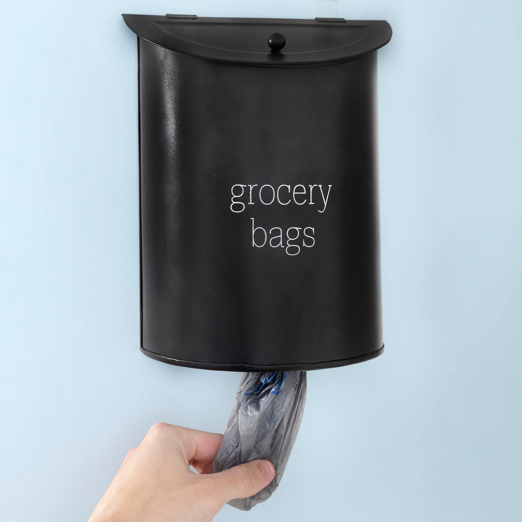 AuldHome Design Enamelware Grocery Bag Holder (Black); Wall-Mounted Modern Farmhouse Style Plastic Bag Dispenser for Kitchen or Laundry Room