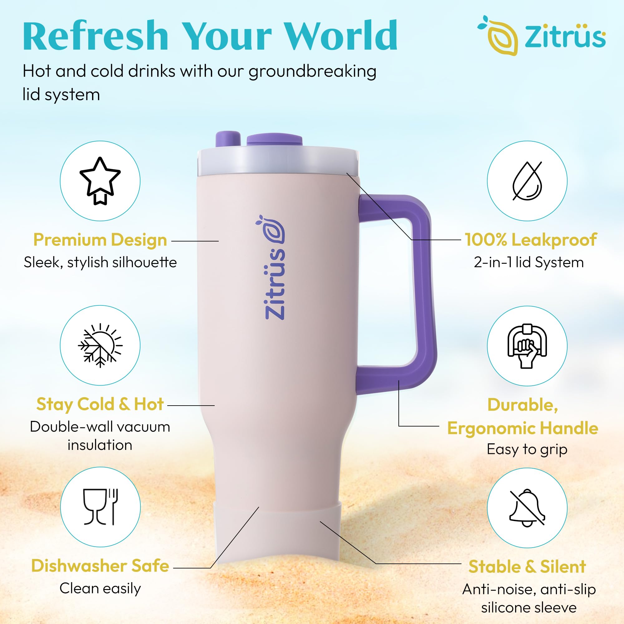 ZITRÜS 40 oz Tumbler with Handle and Straw | Leak Proof Insulated Stainless Steel Water Bottle Travel Mug Fits in Cup Holder | Keeps Cold Hot | Gifts for Women Men Him Her (Pink, 40 oz)