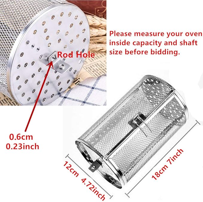 Falytemow 12 x 18 cm Stainless Steel Rotisserie Grill Roaster Drum Oven Basket Oven Roast Baking Rotary for Peanut Dried Nut Coffee Beans BBQ