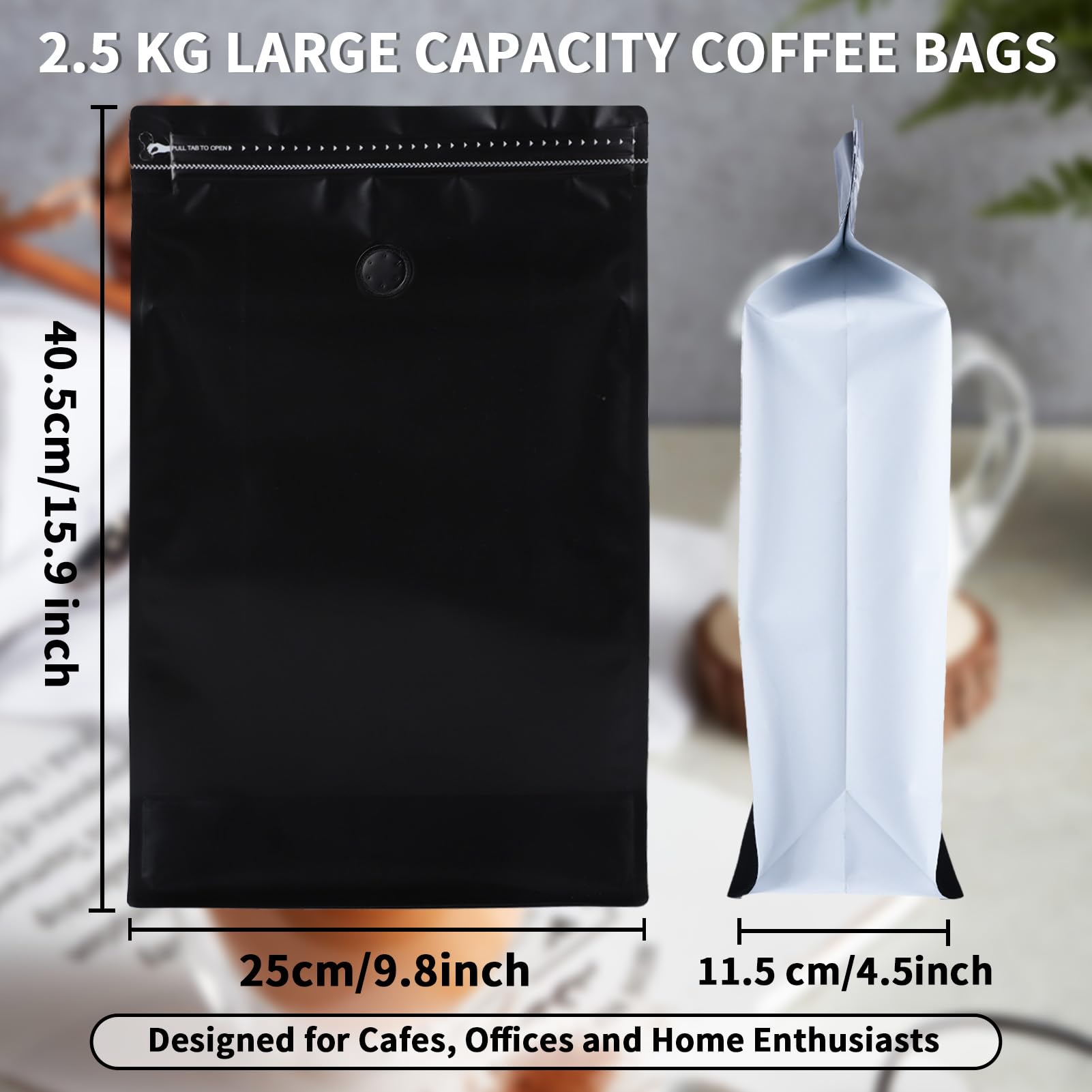 New 2.5 KG Large Capacity Coffee Bags with Valve (50 PCS) Black Sides White High Barrier Aluminum Foil Flat Bottom Standing Coffee Beans Storage Packaging Bags, Reusable Heat Seal Side Zipper Pouches