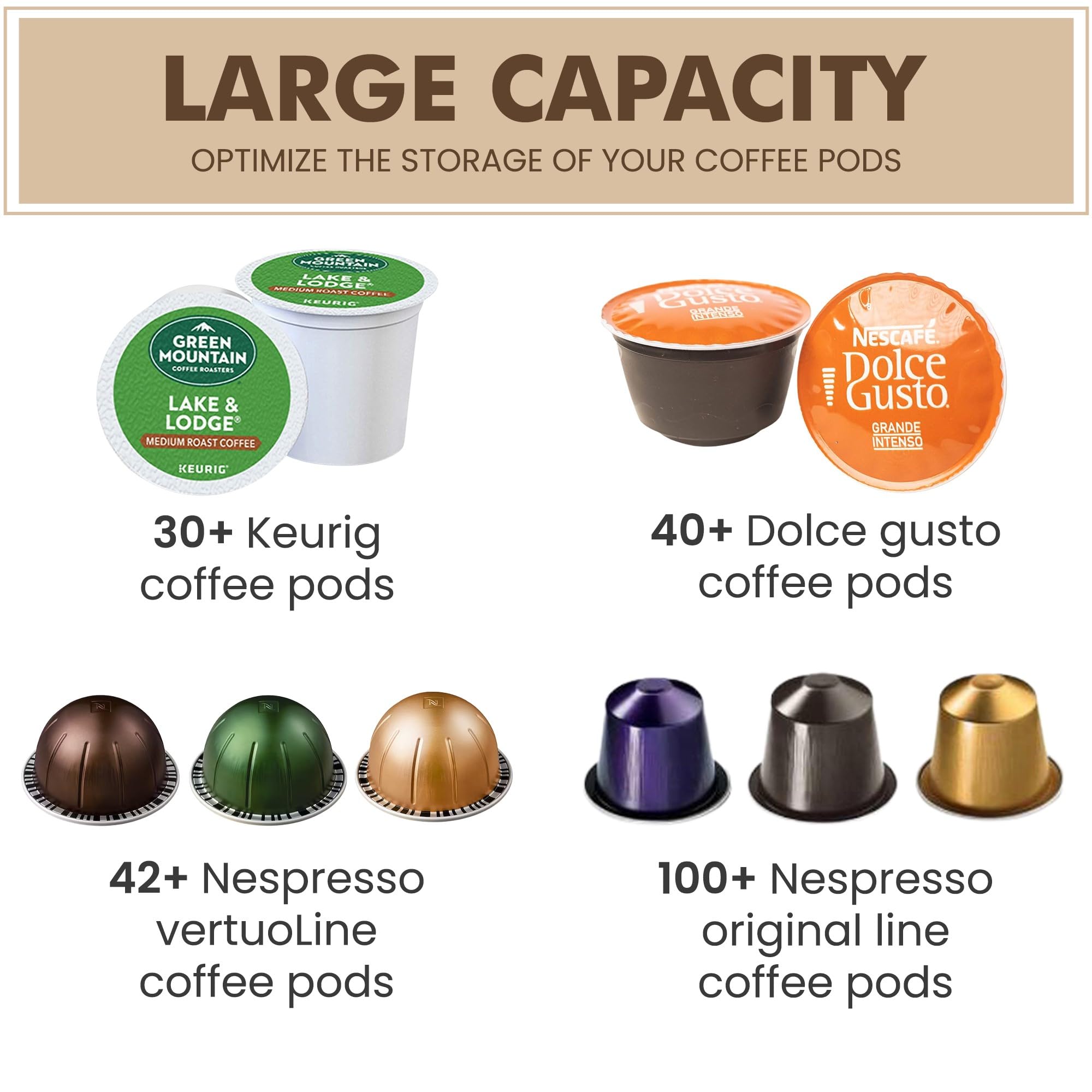 MosJos Coffee Pod Holder -Black Wire K Cup Storage with Wooden Base - Large Capacity Slim Design - Modern Coffee Basket Decor for Kitchen Countertop for Keurig Kcups & Espresso Capsules