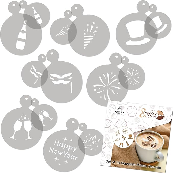 NAKLEO Coffee Stencils and Cookies Decoration 14Pcs 2.8”x2.8” and 4.3”x4.3”, Reusable Plastic Baking Templates, Barista DIY Art Craft, Capuccino Latte Chocolate Cake Biscuit