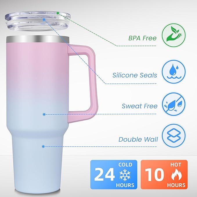 DOMICARE 40 oz Tumbler with Handle and Straw, Stainless Steel Tumbler with Lid and Straw, Reusable Vacuum Insulated Cup, Travel Coffee Mug, Dreamy Pink Blue, 4Pack