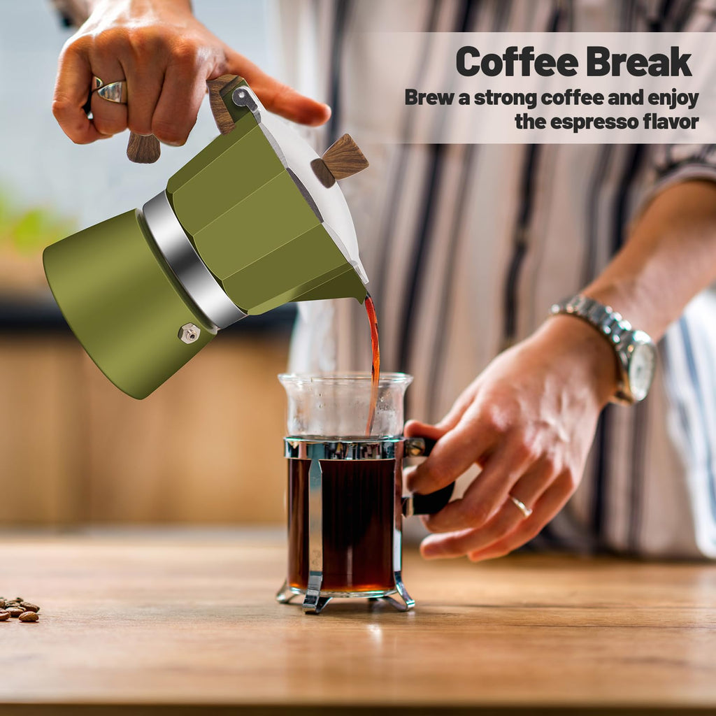 Vaolvpant 3 Cup Aluminum Moka Pot Classic Stovetop Espresso Coffee Maker 150ml 5oz Coffeemaker Percolator Mocha Pot Greca Coffee Maker Cafe Makers for Italian and Cuban Café Brewing Green