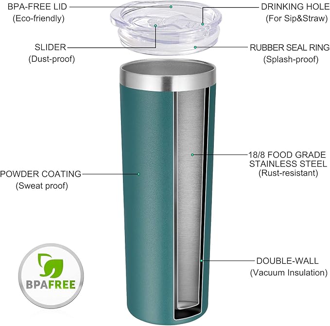 VEGOND Stainless Steel Tumblers Bulk 6 Pack, 20 oz Vacuum Insulated Skinny Tumblers with Lid and Straw, Double Wall Coffee Mug, Travel Water Cup, Dark Green
