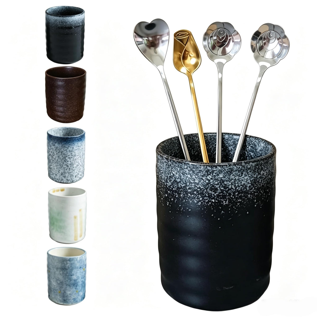 TOPYOKK Stoneware Coffee Bar Utensil Holder Tea & Coffee Spoon & Stirrer Holder for Stir Stick Straw Teaspoon Holder Espresso Spoon Cup Small Utensil Jar (Snow night)