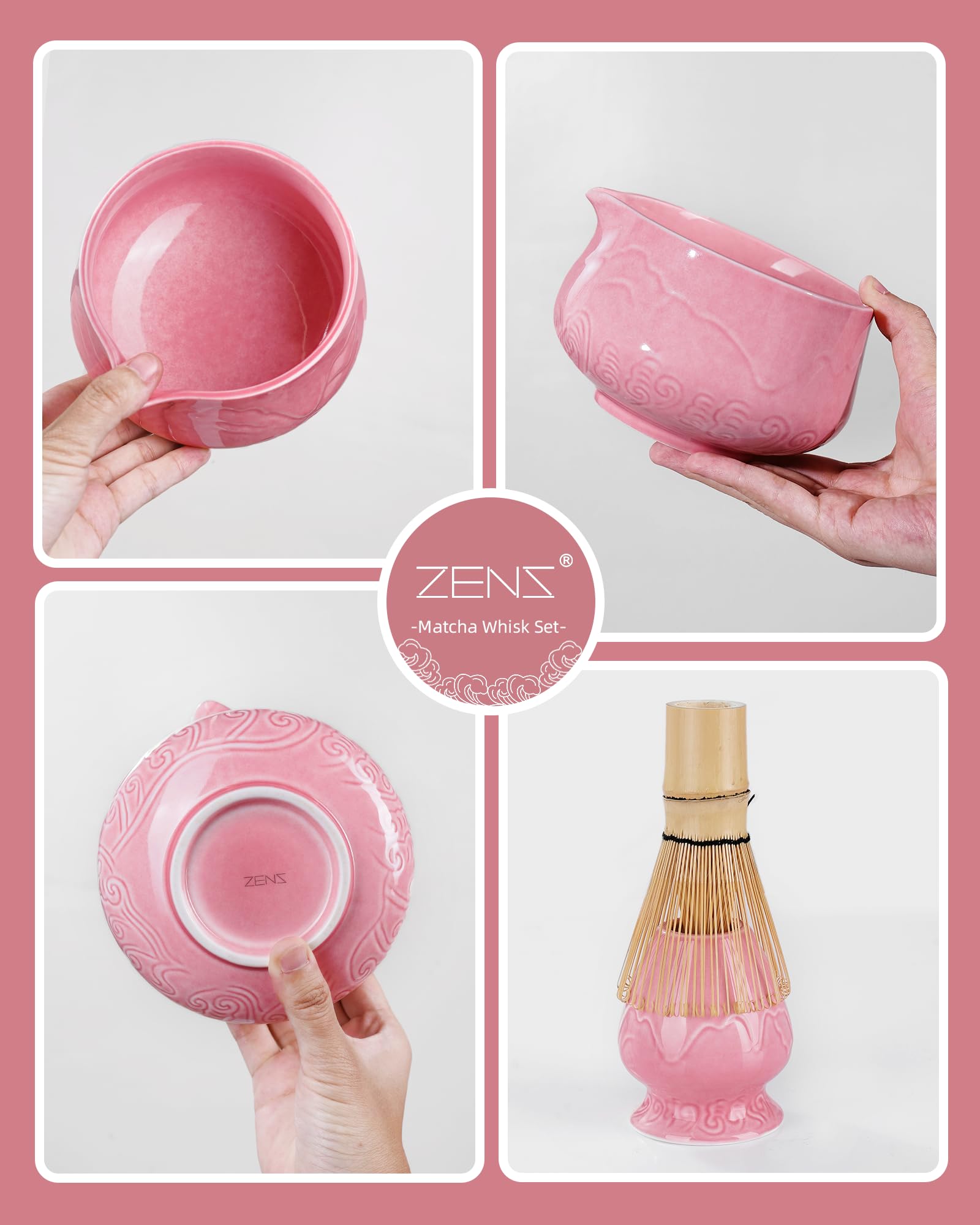 ZENS Premium Matcha Whisk Set, 6pcs Matcha Kit with Matcha Tools, Pink