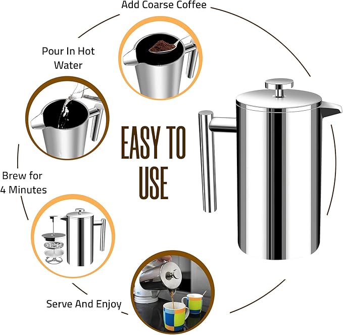 Utopia Kitchen Stainless Steel French Press Coffee Maker 12 Oz, French Press Tea Maker, Cold Brew Portable Travel Coffee Presses, Tea Press Gifts Silver