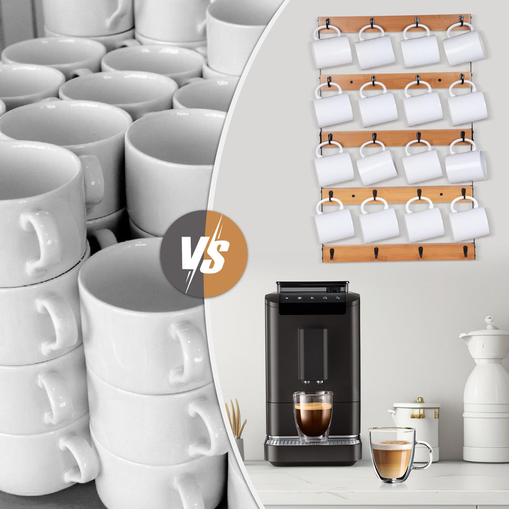Aomomery Wall Mounted Coffee Mug Holder, Large 5 Tier Shelf with 20 Hooks for Cups, Rustic Wooden Display Rack for Kitchens, Homes and Bars (Bamboo)