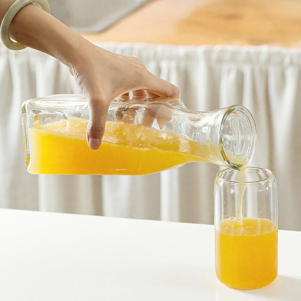Tinaforld Glass Carafe with Bamboo Lid, Square 35 Oz Beverage Dispensers Carafe, Mimosa Bar Supplies, Round Clear Glass Pitcher with Name Labels for Iced Tea, Coffee, Juice(Set of 6)