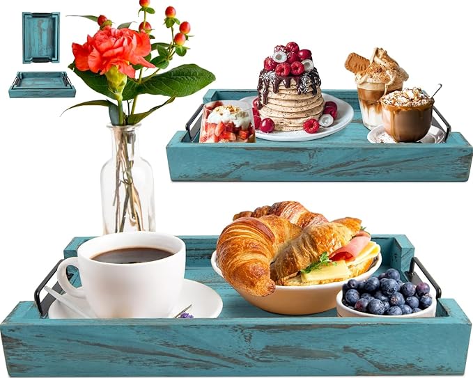 Rustic Wooden Serving Trays with Handle - Set of 2 - Large and Small, Nesting Multipurpose Trays - for Breakfast, Coffee Table/Butler & More - Rustic Blue