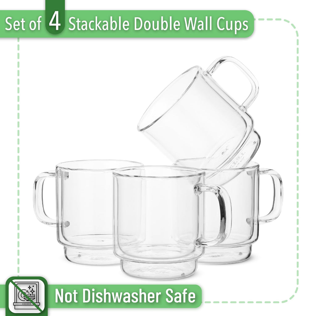 BTaT- Double Walled Stackable Espresso Cups, 5 oz, Set of 4, Clear Coffee Mugs, Double Wall Insulated Espresso Cups, Coffee Mugs for Tea, Lattes, Hot & Cold Beverages