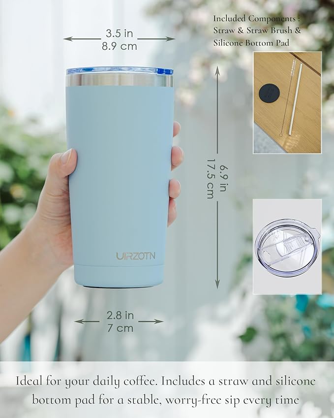Travel Coffee Tumbler 20oz, Leakproof Travel Coffee Mug with Lid and Straw, Stainless Steel Double Wall Vacuum Insulated Tumbler for Hot/Iced Drinks (Textured Matte, Light Blue)