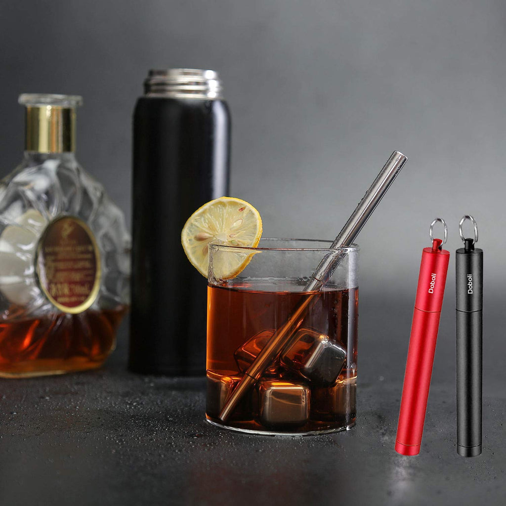 2 Pack Reusable Metal Straws Collapsible Stainless Steel Drinking Straw Travel Portable Telescopic Straw with Case for Cruise Ship Essentials Black/Rose Gold