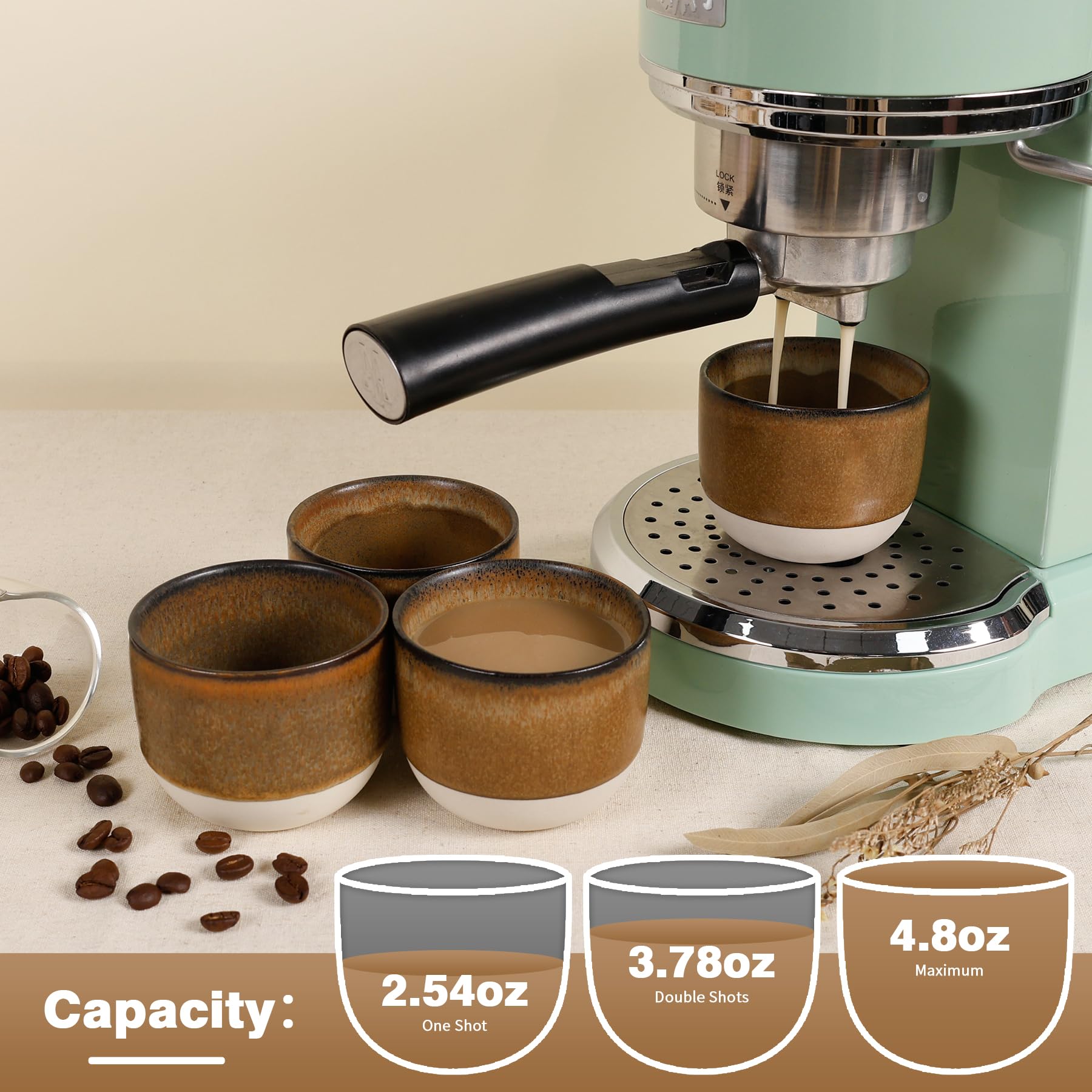ZEBERBO Ceramic Espresso Cups Set of 4, Double Walled Espresso Coffee Mugs for Nespresso Cups, Special glazed Demitasse Cups Expresso Coffee Cup for Espresso Machine (Brown)