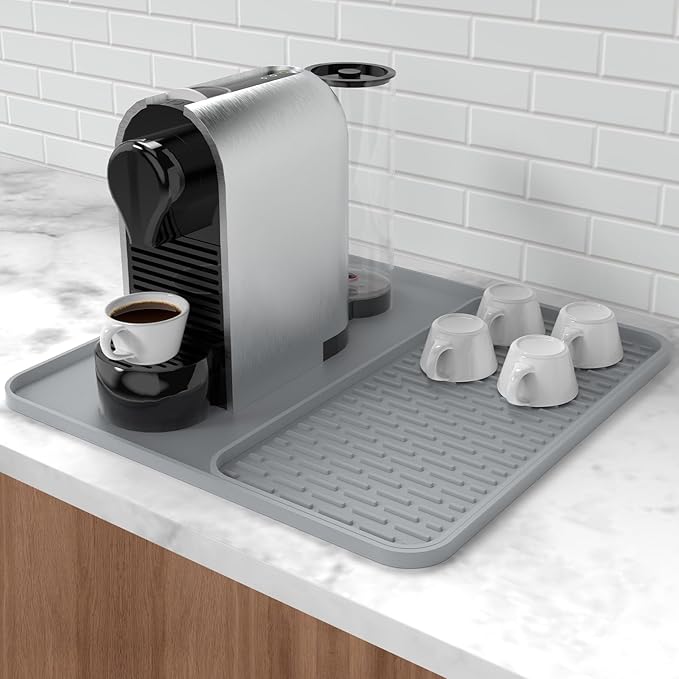 Silicone Coffee Mat,16''x16'' Coffee Bar Mat with Detachable Dish Drying Mat for Kitchen Countertops,Coffee Bar Accessories Fit Under Coffee Maker Coffee Machine Coffee Pot Espresso Machine Dish Rack