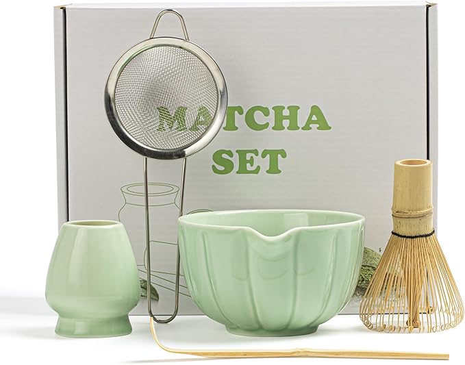 Matcha Whisk Set, Matcha Bowl with Spout, Matcha Whisk, Chasen Holder, Sifter, Bamboo Scoop - 5 Pcs Perfect Matcha Making Kit for Matcha Lover and Tea Ceremony (Emerald Green)