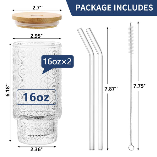 16 Oz Glass Cups Set of 2, Vintage Embossed Floral Glass Tumbler, Iced Coffee Cups with Lid, for Whiskey Cocktail Beer (2 PACK)