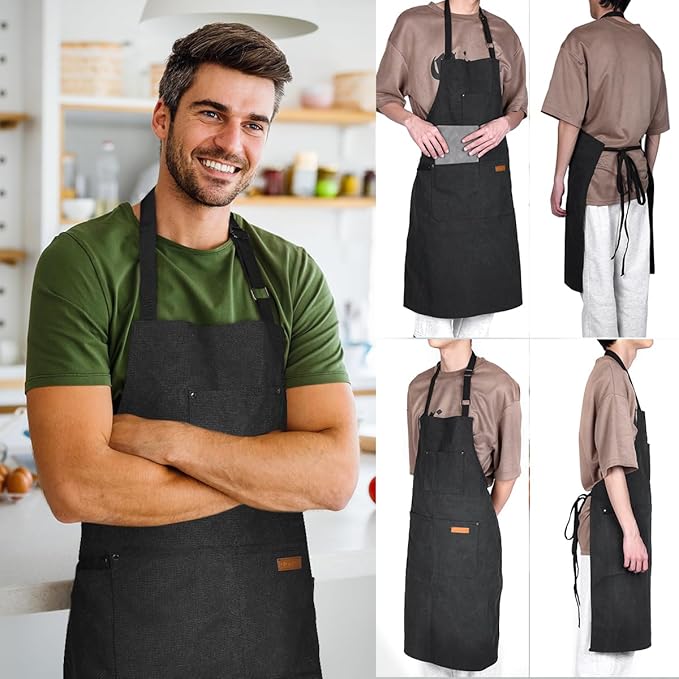Chef Cooking Aprons for Men Women Thickened Canvas Cotton Apron with 4 Pockets for BBQ Work Kitchen (Black)