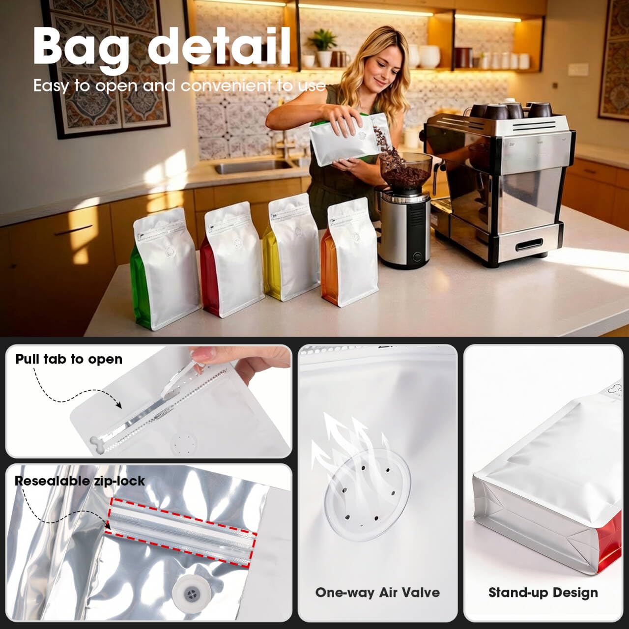 Coffee Bags with Valve(60pcs,16oz,1 lb) Vented Coffee Beans Packaging Bags High Barrier Aluminumed Foil Flat Bottom Heat Sealed Side Zipper Resealable Storage Bag for Home or Business（White+Black）