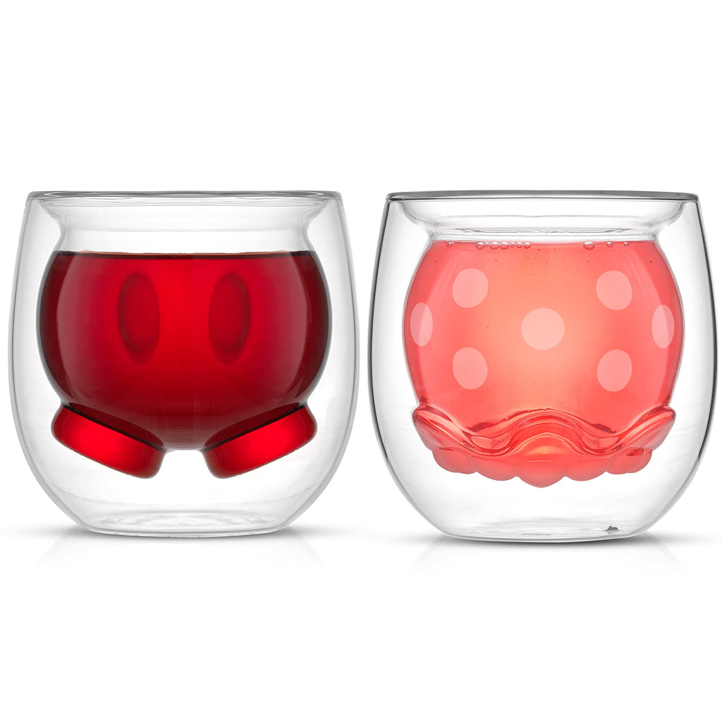 JoyJolt Mickey Pants and Minnie Skirt 3D 7.4oz Double Wall Glass Coffee Cups Set of 2, Disney Coffee Mug, Espresso and Tea Cups, Collection of Double Wall Glasses, Disney Gifts